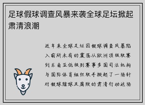 足球假球调查风暴来袭全球足坛掀起肃清浪潮